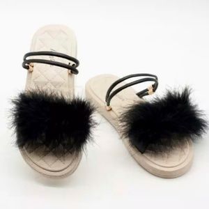 Women's Fur Soft Sandals Anti Slip Water Resistant Black